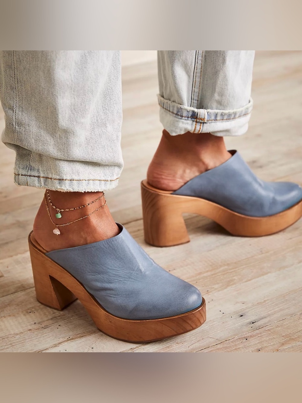 Free People Suki Leather Platform Clogs in Jeans Size 7
